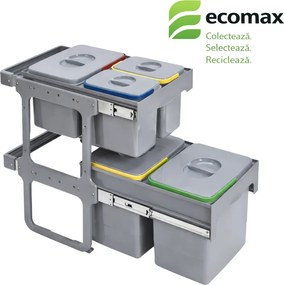Cos gunoi incorporabil Tandem Short 40 Ecomax, colectare selectiva, gri, 2 x 15 l + 1 x 12 l + 2 x 5 l Polipropilena cu fibra de sticla, Gri, L:355