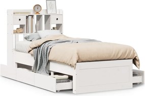 vidaXL Pat cu bibliotecă fără saltea, alb, 75x190 cm, lemn masiv pin