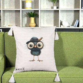 Perna Decorativa Pui Misterios cu Palarie Neagra, 40x40 cm, Bej cu Franjuri, Husa Detasabila, Perna Inclusa, BEKZ®