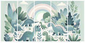 Tablou 5-piese lumea dinozaurilor cu curcubeu și junglă verde