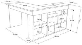 Birou Zellow Tip L cu Rafturi, 129 x 72 x 120 cm