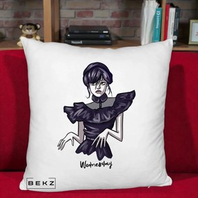 Perna Personalizata Wednesday Addams Dans Gotic, 40x40 cm, Alb Pufos, Husa Detasabila, Perna Inclusa, BEKZ®
