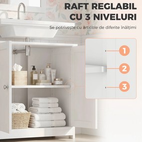 Kleankin Dulap Sub Chiuvetă cu 2 Uși și Raft Reglabil, Dulap de Baie Spațios cu Decupaj în Formă de U, 60x30x60 cm, Alb | Aosom Romania