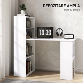 Birou alb modern cu biblioteca cu 6 rafturi din PAL,120x55x120cm HOMCOM | Aosom Romania