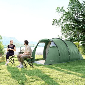 Cort Camping 4 Persoane Outsunny, Impermeabil, Usi cu fermoar 426x206x154cm Verde Inchis | Aosom Romania