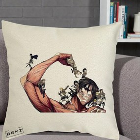Perna Personalizata Attack on Titan Eren Titan Grup, 40x40 cm, Ecru, Husa Detasabila, Perna Inclusa, BEKZ®