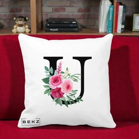 Cadou Personalizat - Perna Personalizata Monograma Florala Litera U, 40x40 cm, Alba Mata, Husa Detasabila, Perna Inclusa, BEKZ®