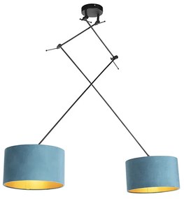 Lampa suspendată neagră cu abajururi de catifea albastru și auriu 35 cm cu 2 lumini - Blitz