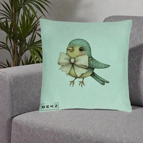 Perna Decorativa Pasare Teal cu Fundita cu Buline, 40x40 cm, Verde Menta, Husa Detasabila, Perna Inclusa, BEKZ®