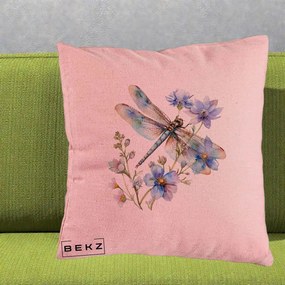 Perna Decorativa Libelula Acuarela Flori Albastre, 40x40 cm, Roz, Husa Detasabila, Perna Inclusa, BEKZ®