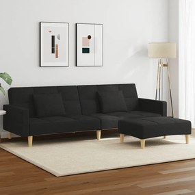 vidaXL Canapea extensibilă cu taburet, 2 locuri, negru, textil
