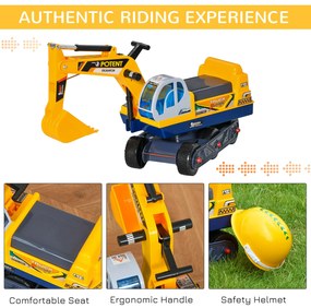 HOMCOM Buldozer Jucarie cu Excavator Manual Scaun Rotativ si Casca, Jucarie prevazuta cu Loc, Copii 2-3 ani, 77x26x55cm, Galben