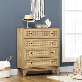 HOMCOM Comodă cu 4 Sertare Stil Boho din Ratan 80x35x95 cm Lemn Natural | Aosom Romania