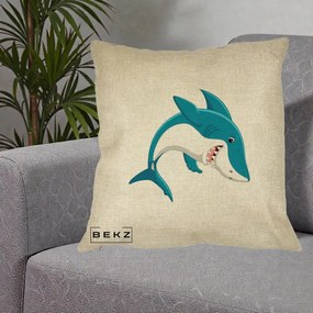 Perna Decorativa Rechin Albastru Cartoon, 40x40 cm, Crem, Husa Detasabila, Perna Inclusa, BEKZ®