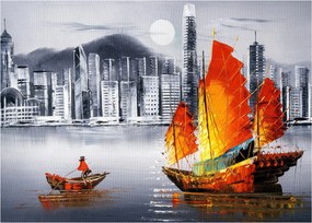 Tablou - Victoria Harbour, Hong Kong, pictură în ulei alb- negru (70x50 cm)