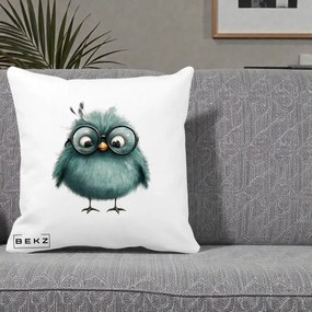 Perna Decorativa Pui Teal cu Ochelari Rotunzi, 40x40 cm, Alba Mata, Husa Detasabila, Perna Inclusa, BEKZ®