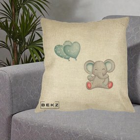 Perna Decorativa Elefant si baloane in forma de inimioare, 40x40 cm, Crem, Husa Detasabila, Perna Inclusa, BEKZ®