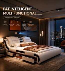 MOB05 Premium 160x200 cm Beige Left Drawer – Pat Inteligent Premium cu Proiector, Purificator de Aer, Vibromasaj, Boxe Bluetooth, Seif Integrat și Spații de Depozitare