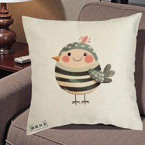 Perna Decorativa Pui Kawaii Teal cu Flori, 40x40 cm, Ecru, Husa Detasabila, Perna Inclusa, BEKZ®