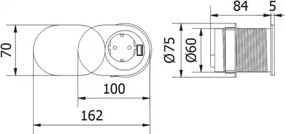 Priză încorporabilă în blat Slide GTV, 1 priză Schuko, USB A + C, oțel inoxidabil, D:60 mm Metal/Plastic, Otel inoxidabil
