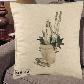 Perna Decorativa Butuci de Mesteacan Watercolor, 40x40 cm, Bej, Husa Detasabila, Perna Inclusa, BEKZ®