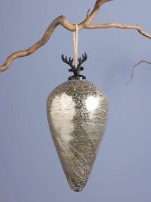 Glob decorativ din sticlă și metal, argintiu, formă de picătură, cap de cerb cu coarne ramificate în vârf, finisaj patinat, 30 x 13 cm, „Cerf”