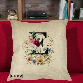 Cadou Personalizat - Perna Personalizata Monogram Litera E cu Flori Acuarela, 40x40 cm, Crem, Husa Detasabila, Perna Inclusa, BEKZ®