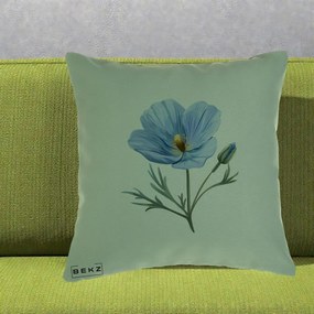 Perna Decorativa Mac Albastru Acuarela, 40x40 cm, Verde, Husa Detasabila, Perna Inclusa, BEKZ®