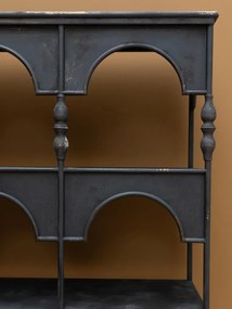 Etajeră din metal, negru, cu patină vintage, 5 rafturi și arcade decorative, finisaj antichizat, 194 x 120 x 34,5 cm, „Alhambra”