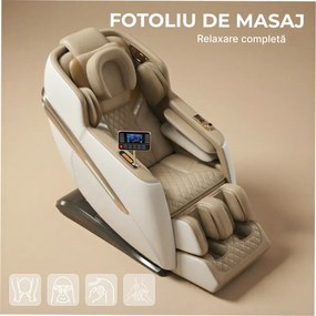 Fotoliu de masaj QUITUS, cu Incalzire, Bluetooth, Display, Ecran tactil, Zero Gravity, 2 Boxe, Moduri Automate, Suport Picioare extensibil, Piele Ecologica Premium, Bej