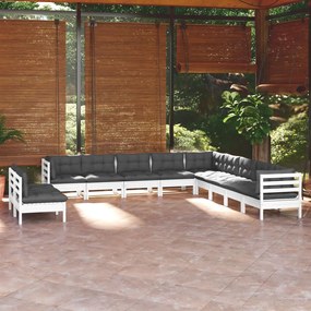 3096852 vidaXL Set mobilier grădină cu perne, 11 piese, alb, lemn masiv pin