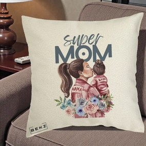 Cadou pentru Mama - Perna Personalizata Super Mom Mama cu Bebelusul, 40x40 cm, Ecru, Husa Detasabila, Perna Inclusa, BEKZ®