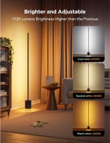 Smart LED lampa pentru podea Govee 2 RGBICWW H607C, 152 cm, 30 W, 1725 lm, 6500 K, Wi-Fi, Bluetooth, Govee Home, Negru