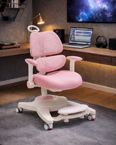 GROWFIT ERGO CARE JUNIOR PRO 360 – Scaun ergonomic reglabil pentru copii și adolescenți, cu spătar dublu adaptiv, suport lombar automat, cotiere 4D, roți cu blocare automată, ajustare completă 360°, Roz