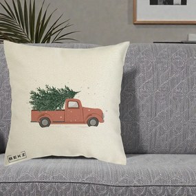 Perna Decorativa Camioneta Terracotta Brad de Craciun, 40x40 cm, Ecru, Husa Detasabila, Perna Inclusa, BEKZ®