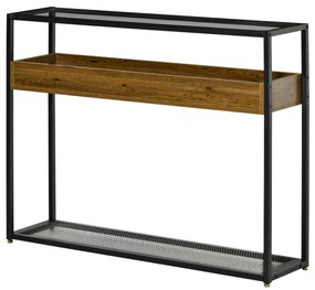 HOMCOM Masa Consola pentru Intrare in Stil Industrial, Blat din Sticla, Cadru  din Otel si Lemn, Masuta pentru Living si Sufragerie, Maro Rustic