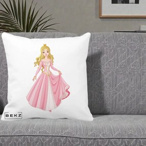 Perna Decorativa Printesa Aurora Rochie Roz, 40x40 cm, Alba Mata, Husa Detasabila, Perna Inclusa, BEKZ®