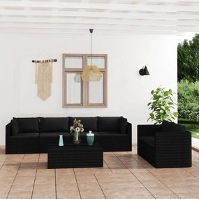 Set mobilier de gradina cu perne, 7 piese, negru, poliratan Negru, 4x colt + 2x mijloc + 2x masa, 1