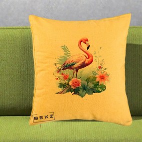 Perna Decorativa Flamingo cu Flori Tropicale Acuarela, 40x40 cm, Galben, Husa Detasabila, Perna Inclusa, BEKZ®