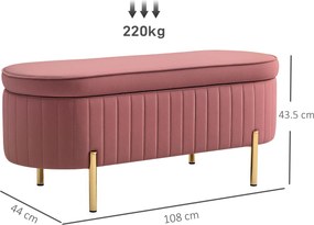 HOMCOM Bancă ovală cu spațiu de depozitare 72 L, cu capac rabatabil, din catifea și lemn, 108 x 44 x 43,5 cm, roz | Aosom Romania