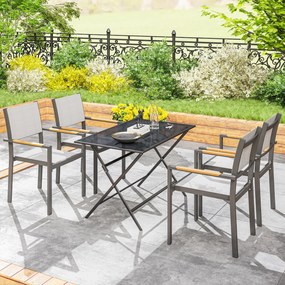 Outsunny Lot de 4 scaune de grădină, scaune de masă cu brațe efect de lemn cadru din aluminiu, gri deschis | Aosom Romania
