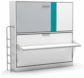 Pat rabatabil orizontal suprapus cu birou - SMART BUNK DESK (90X190) (Culoare pat: White+Grey+Turquoise)