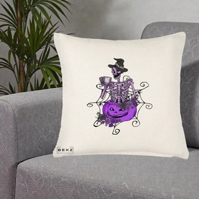 Perna Decorativa Schelet Vrajitor cu Dovleac Violet Halloween, 40x40 cm, Crem Reliefat, Husa Detasabila, Perna Inclusa, BEKZ®