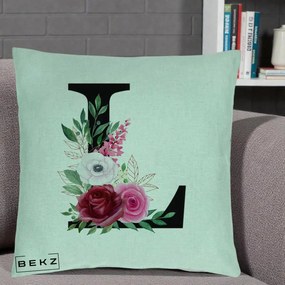 Cadou Personalizat - Perna Personalizata Monograma Florala Litera L, 40x40 cm, Verde Menta, Husa Detasabila, Perna Inclusa, BEKZ®