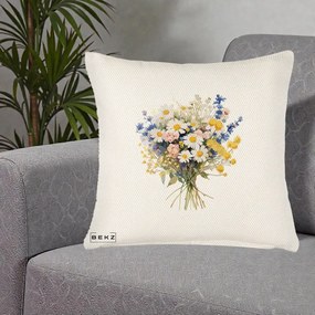 Perna Decorativa Buchet Camp Acuarela Margarete-Lavanda, 40x40 cm, Crem Reliefat, Husa Detasabila, Perna Inclusa, BEKZ®