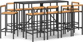 vidaXL Set bar pentru grădină, 11 piese, negru, poliratan/lemn acacia