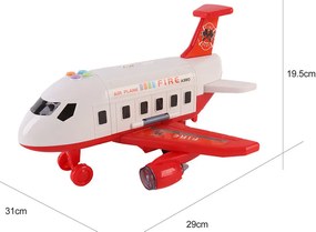 Avion de transport pentru pompieri cu 4 mașini de pompieri, accesorii, efecte luminoase și sonore