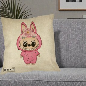 Perna Personalizata Labubu Roz cu Coroana Florala, 40x40 cm, Crem, Husa Detasabila, Perna Inclusa, BEKZ®