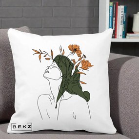 Perna Decorativa Portret Feminin Profil Flori Portocalii, 40x40 cm, Alba Mata, Husa Detasabila, Perna Inclusa, BEKZ®
