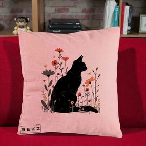 Perna Decorativa Pisica Neagra Profil Flori Portocalii, 40x40 cm, Roz, Husa Detasabila, Perna Inclusa, BEKZ®